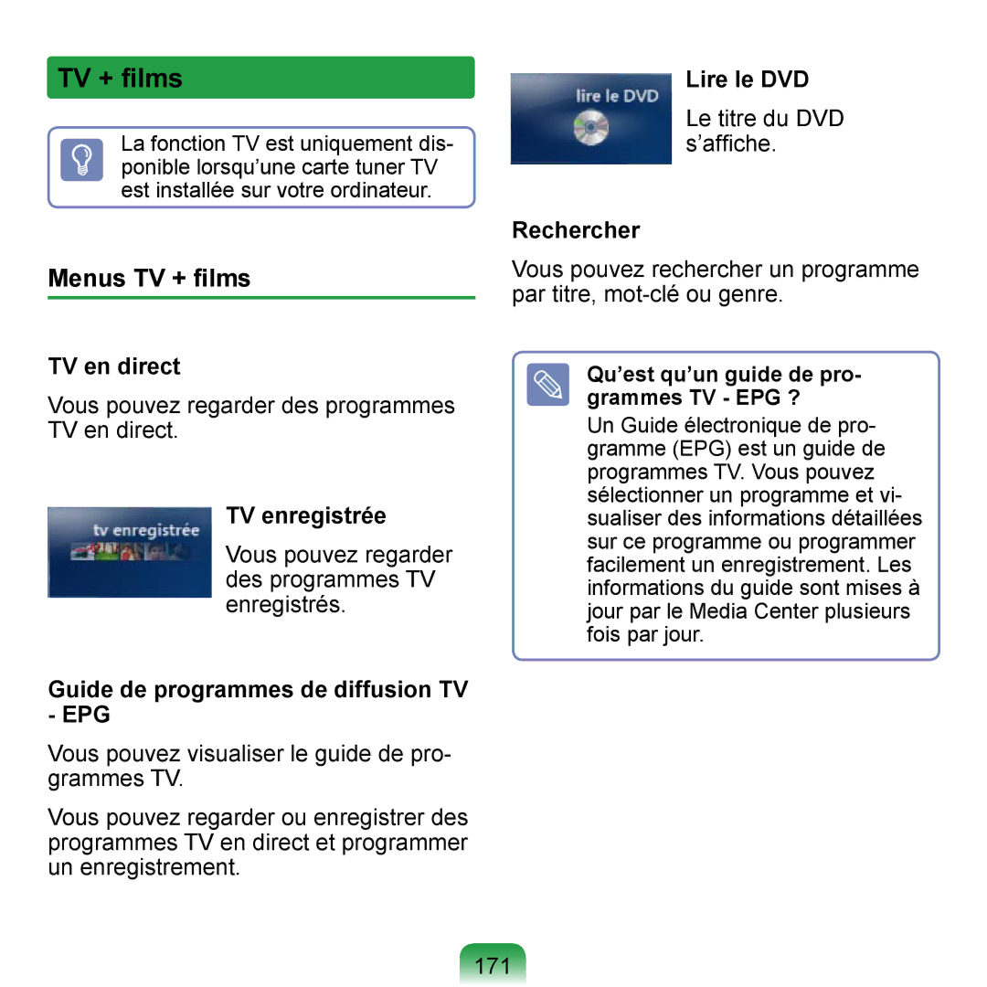 Samsung NP-Q1-V000/SEF, NP-Q1-V004/SEI, NP-Q1-M000/SEF manual Menus TV + ﬁlms 