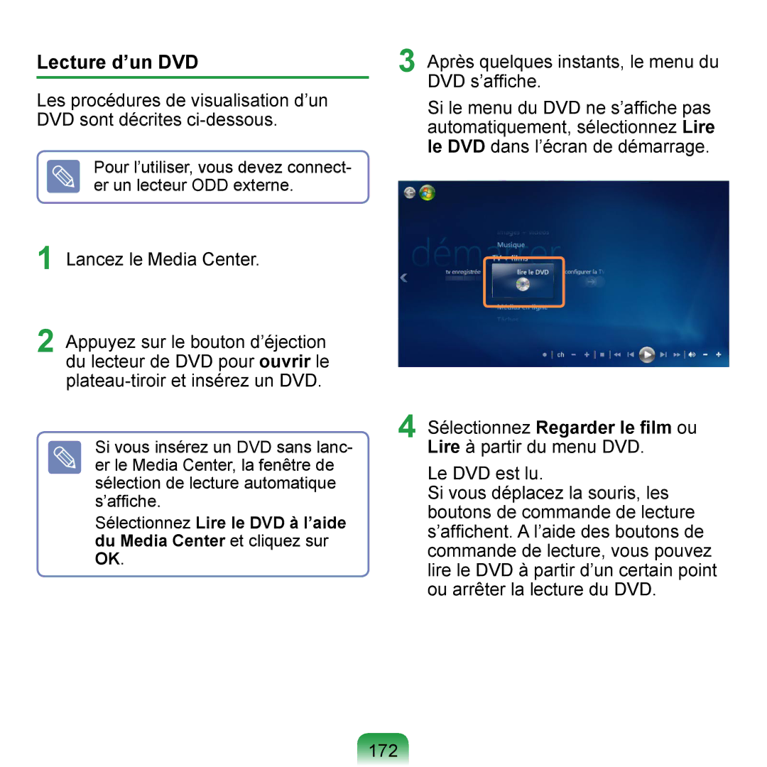 Samsung NP-Q1-V004/SEI, NP-Q1-V000/SEF manual Lecture d’un DVD, Sélectionnez Regarder le ﬁlm ou Lire à partir du menu DVD 