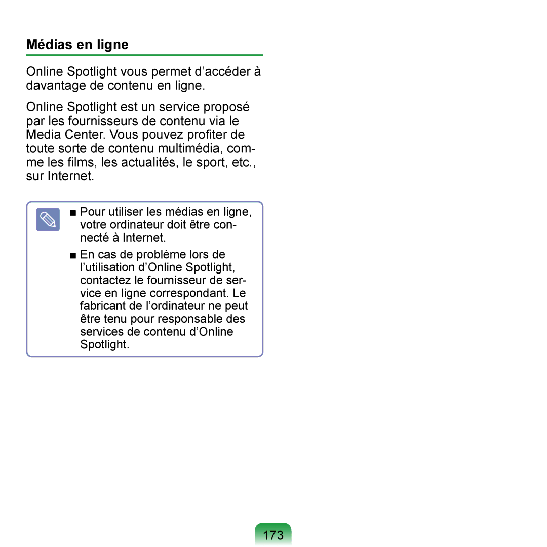 Samsung NP-Q1-M000/SEF, NP-Q1-V000/SEF, NP-Q1-V004/SEI manual Médias en ligne, 173 