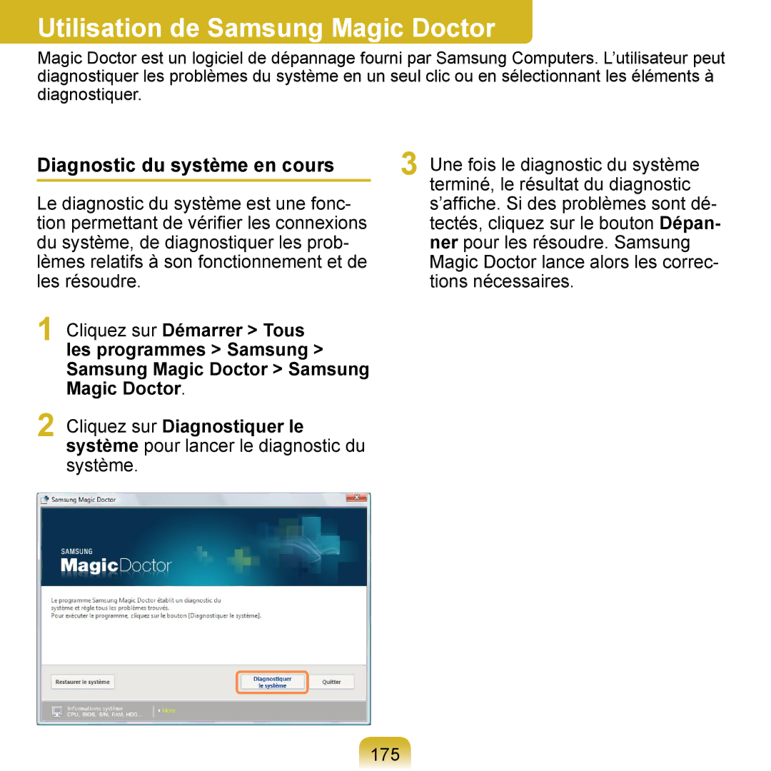 Samsung NP-Q1-V004/SEI, NP-Q1-V000/SEF, NP-Q1-M000/SEF Utilisation de Samsung Magic Doctor, Diagnostic du système en cours 