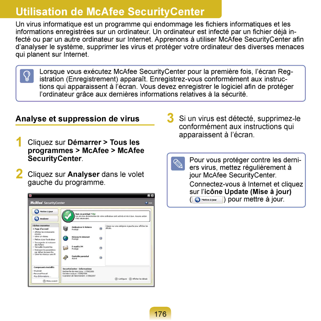 Samsung NP-Q1-M000/SEF, NP-Q1-V000/SEF manual Utilisation de McAfee SecurityCenter, Analyse et suppression de virus, 176 