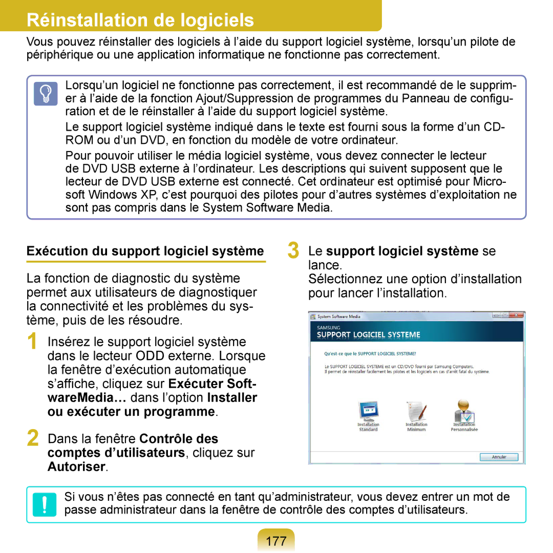 Samsung NP-Q1-V000/SEF, NP-Q1-V004/SEI manual Réinstallation de logiciels, Exécution du support logiciel système, 177 