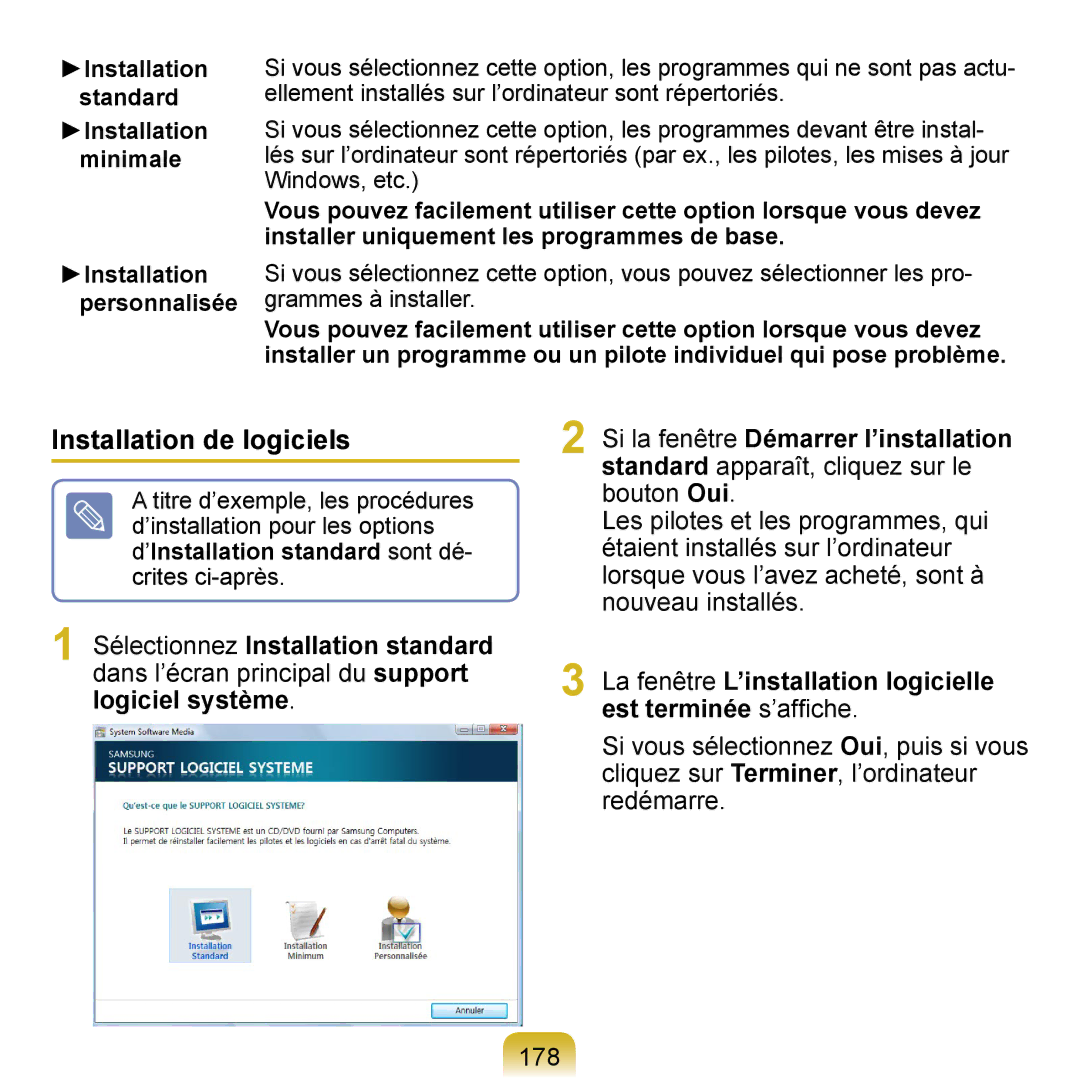 Samsung NP-Q1-V004/SEI manual Installation de logiciels, La fenêtre L’installation logicielle est terminée s’afﬁche 