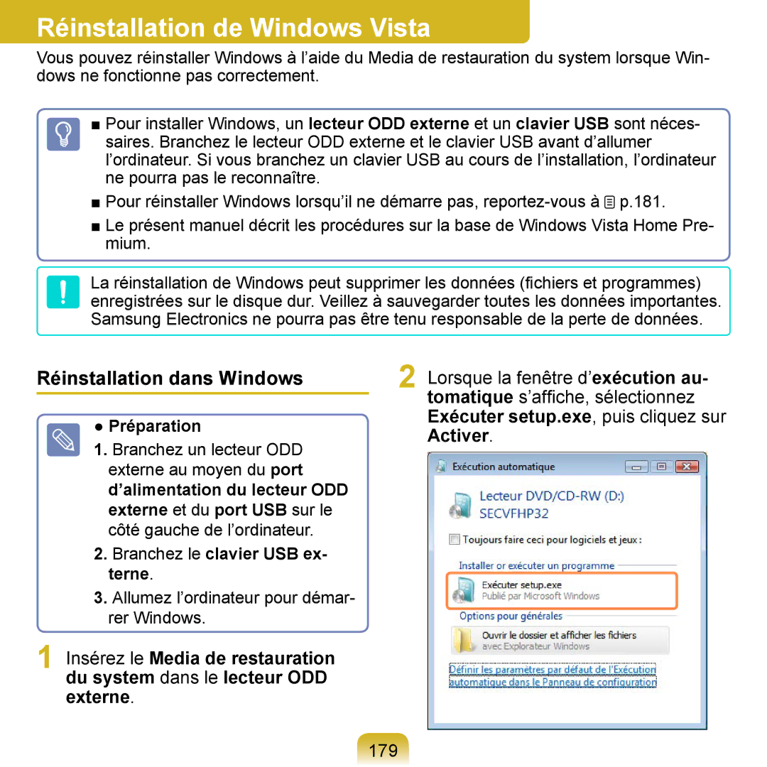 Samsung NP-Q1-M000/SEF, NP-Q1-V000/SEF manual Réinstallation de Windows Vista, Réinstallation dans Windows, Préparation 