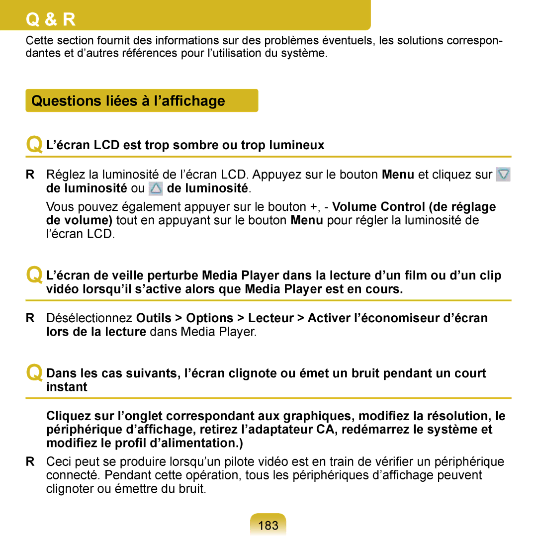 Samsung NP-Q1-V000/SEF, NP-Q1-V004/SEI manual Questions liées à l’afﬁchage, ’écran LCD est trop sombre ou trop lumineux 