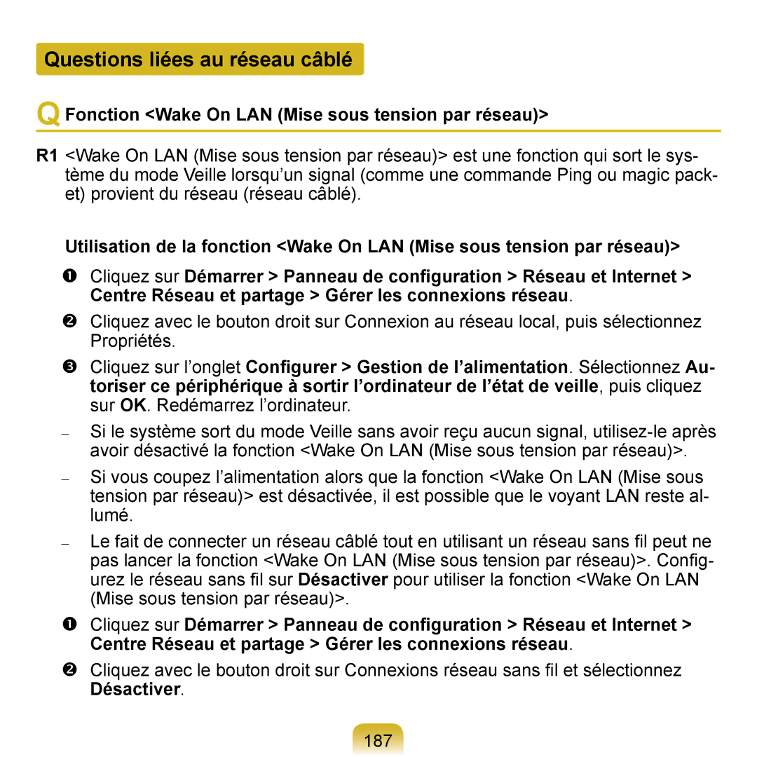 Samsung NP-Q1-V004/SEI, NP-Q1-V000/SEF Questions liées au réseau câblé, Fonction Wake On LAN Mise sous tension par réseau 