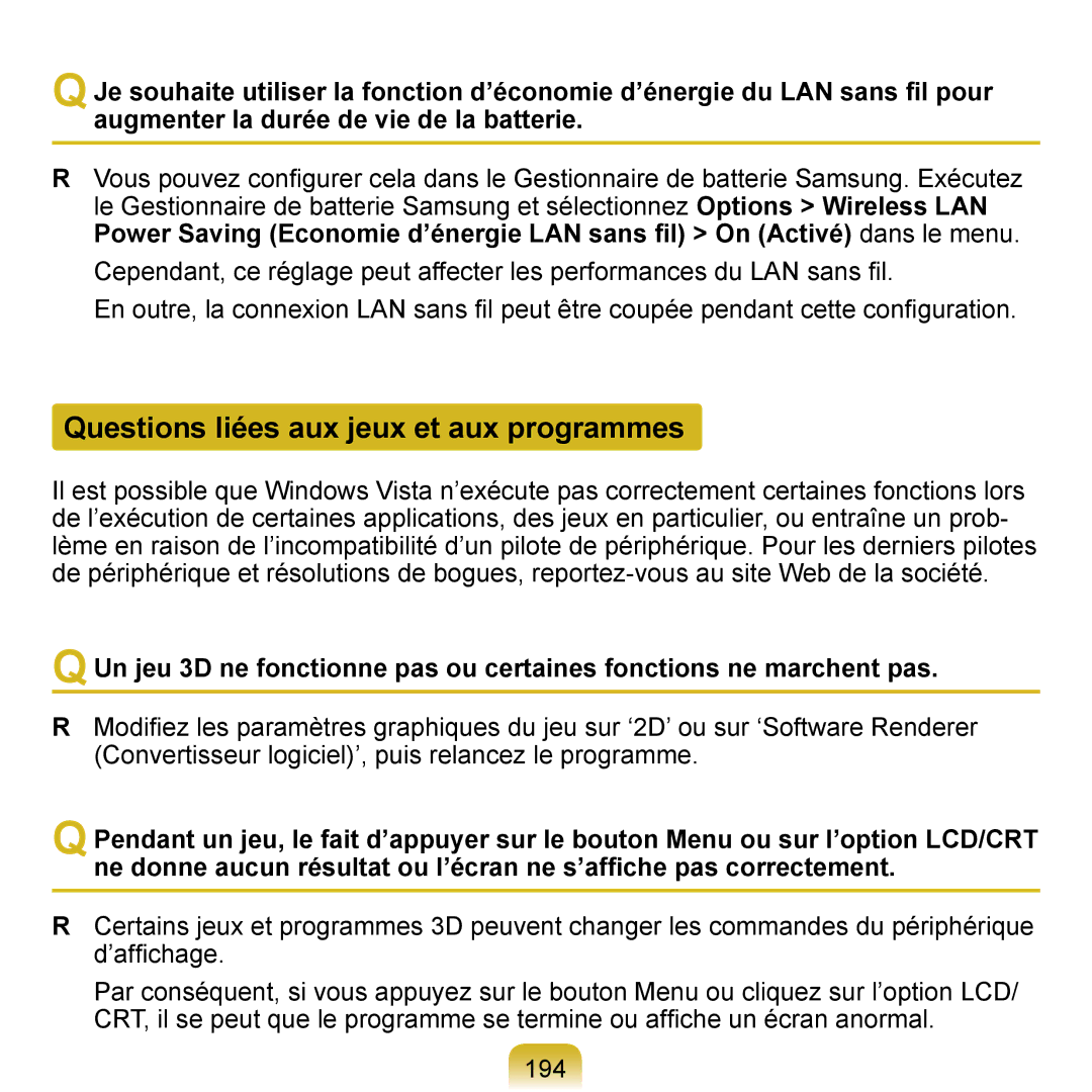 Samsung NP-Q1-M000/SEF, NP-Q1-V000/SEF, NP-Q1-V004/SEI manual Questions liées aux jeux et aux programmes 