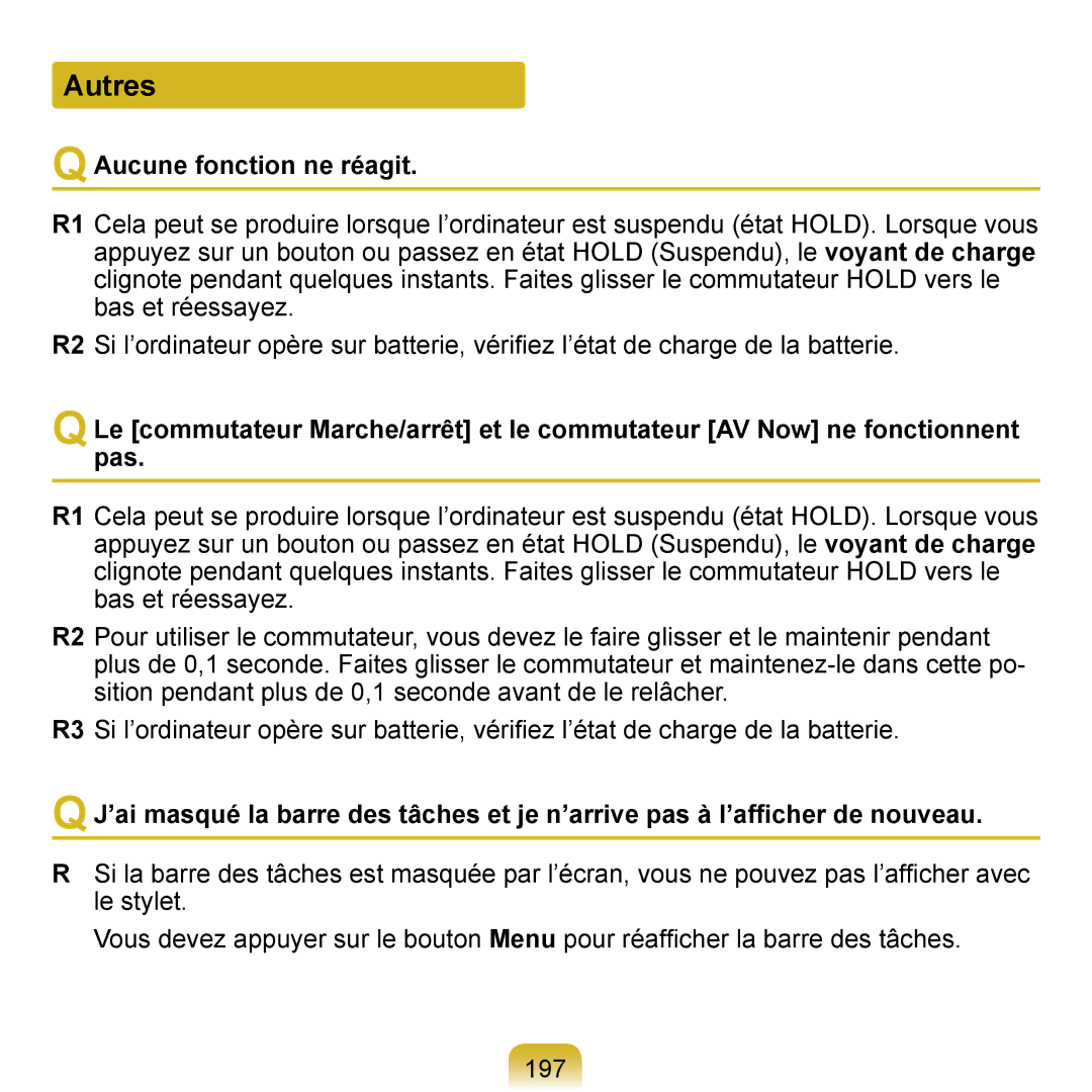 Samsung NP-Q1-M000/SEF, NP-Q1-V000/SEF, NP-Q1-V004/SEI manual Autres, Aucune fonction ne réagit 