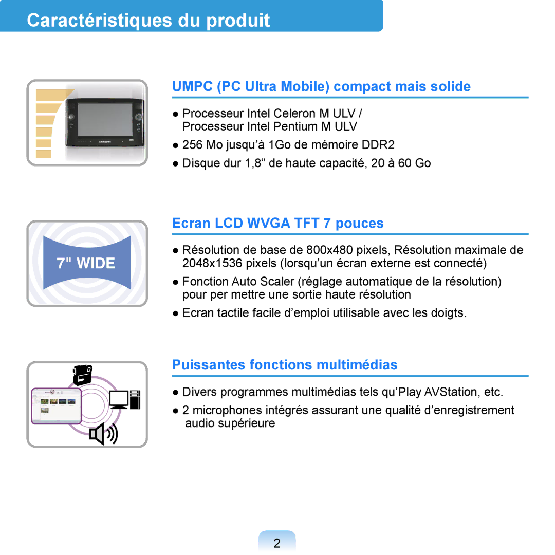 Samsung NP-Q1-M000/SEF Caractéristiques du produit, Umpc PC Ultra Mobile compact mais solide, Ecran LCD Wvga TFT 7 pouces 