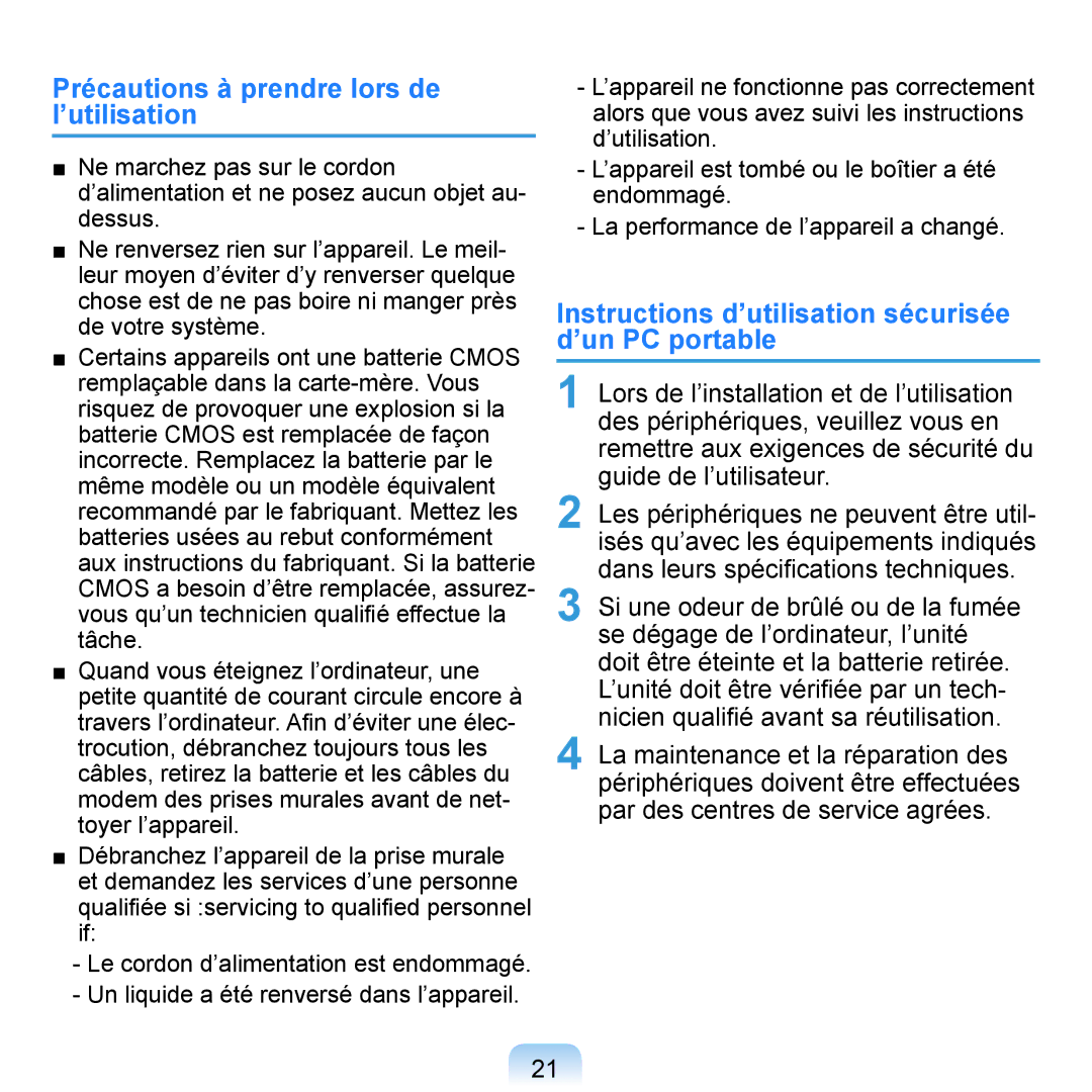 Samsung NP-Q1-V000/SEF Précautions à prendre lors de l’utilisation, Instructions d’utilisation sécurisée d’un PC portable 