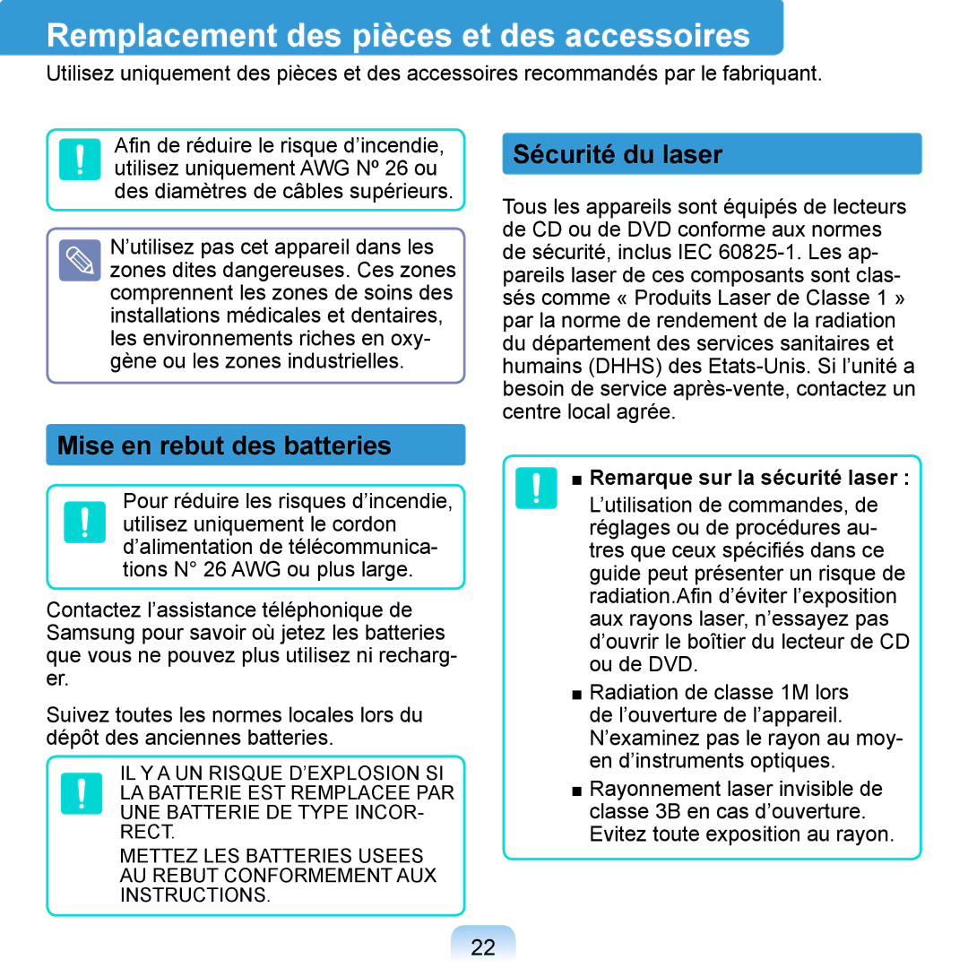 Samsung NP-Q1-V004/SEI manual Remplacement des pièces et des accessoires, Sécurité du laser, Mise en rebut des batteries 