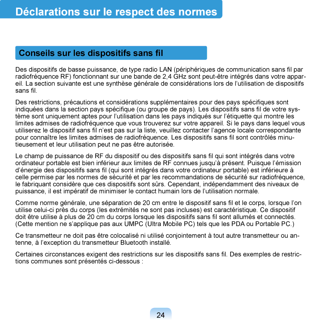 Samsung NP-Q1-V000/SEF, NP-Q1-V004/SEI manual Déclarations sur le respect des normes, Conseils sur les dispositifs sans ﬁl 