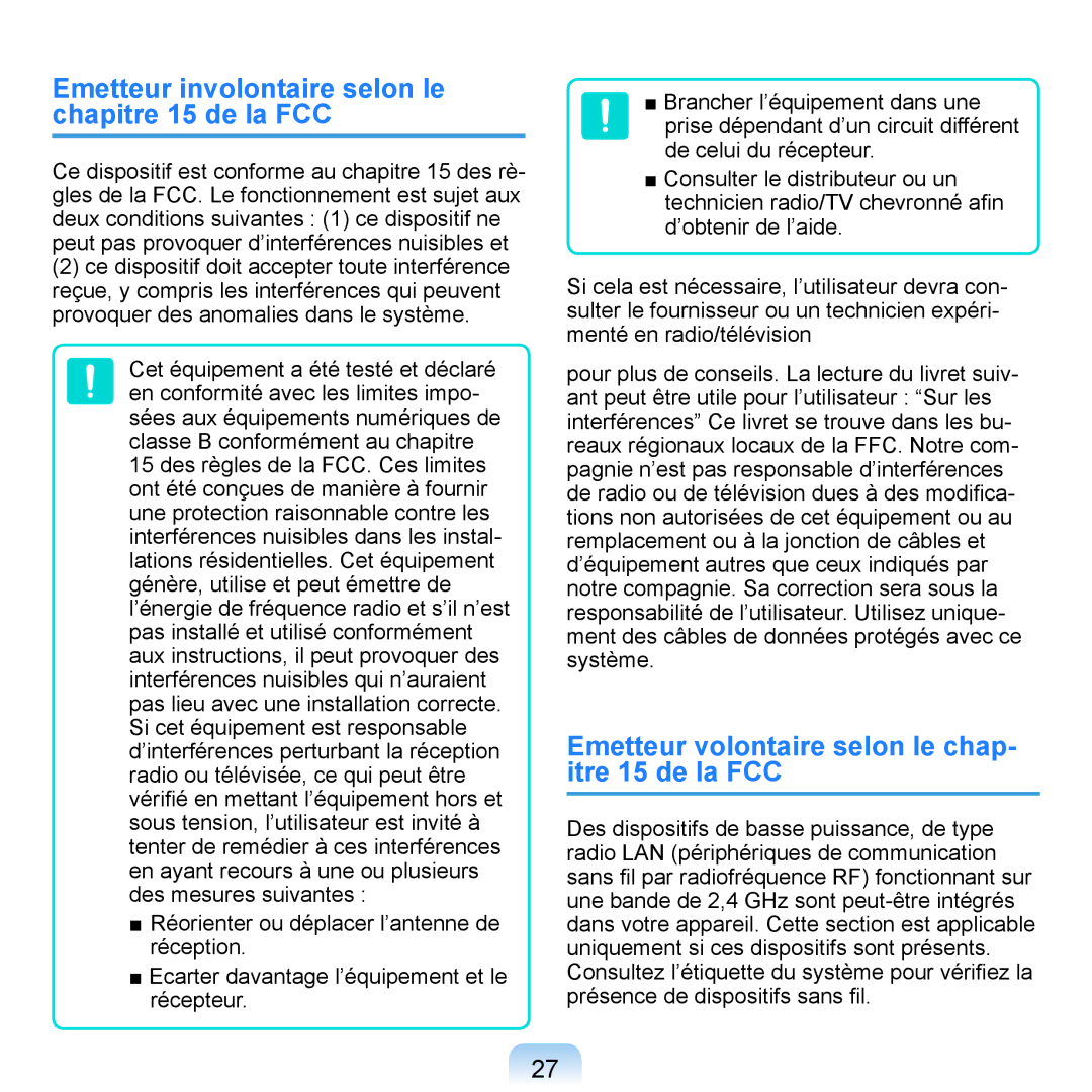 Samsung NP-Q1-V000/SEF, NP-Q1-V004/SEI, NP-Q1-M000/SEF manual Emetteur involontaire selon le chapitre 15 de la FCC 