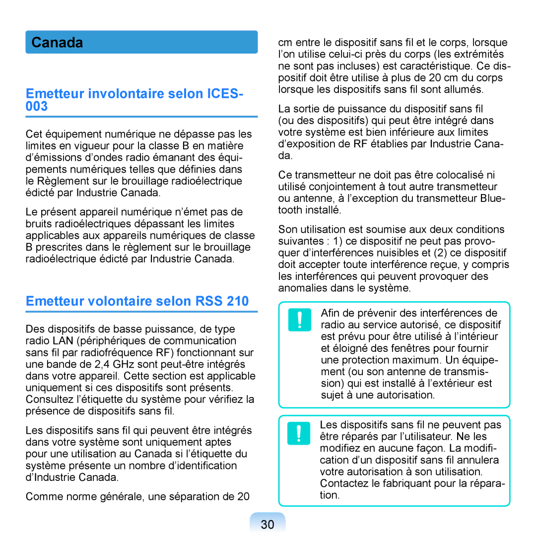 Samsung NP-Q1-V000/SEF, NP-Q1-V004/SEI manual Canada, Emetteur involontaire selon Ices, Emetteur volontaire selon RSS 