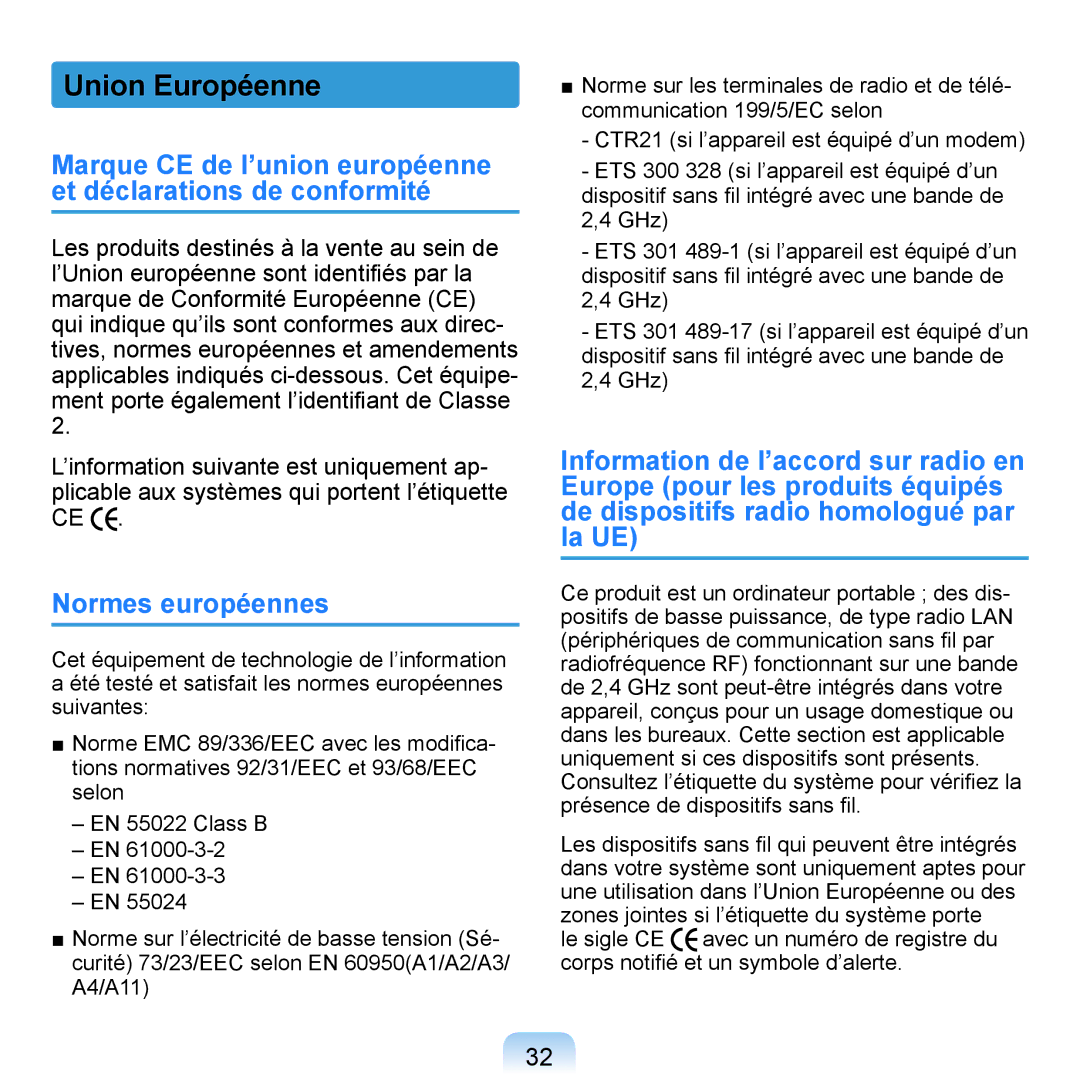 Samsung NP-Q1-M000/SEF, NP-Q1-V000/SEF, NP-Q1-V004/SEI manual Union Européenne, Normes européennes 