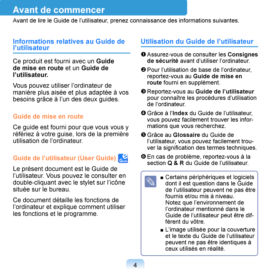 Samsung NP-Q1-V004/SEI, NP-Q1-V000/SEF, NP-Q1-M000/SEF Avant de commencer, Informations relatives au Guide de l’utilisateur 