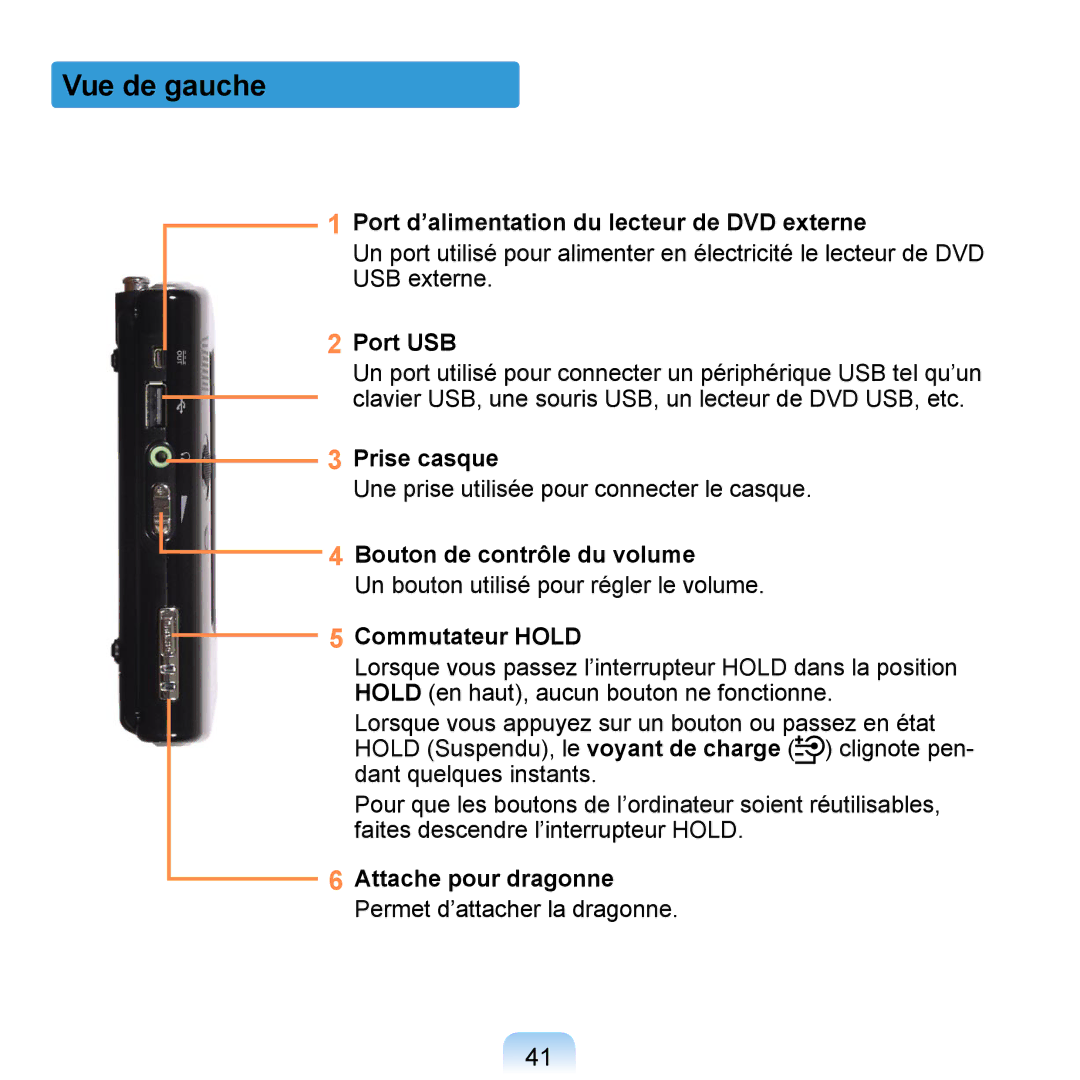 Samsung NP-Q1-M000/SEF, NP-Q1-V000/SEF, NP-Q1-V004/SEI manual Vue de gauche 