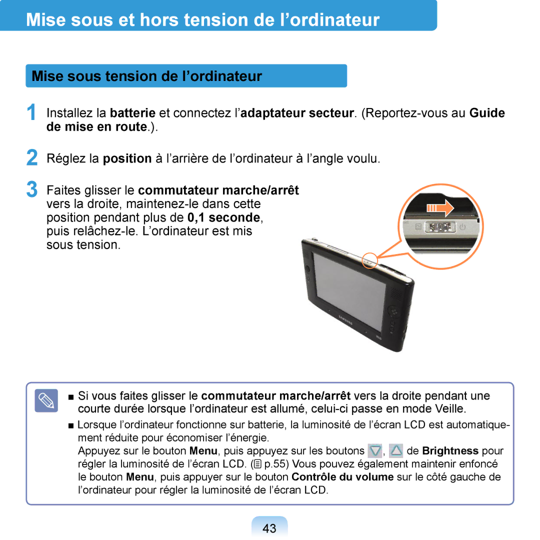 Samsung NP-Q1-V004/SEI manual Mise sous et hors tension de l’ordinateur, Mise sous tension de l’ordinateur, Sous tension 