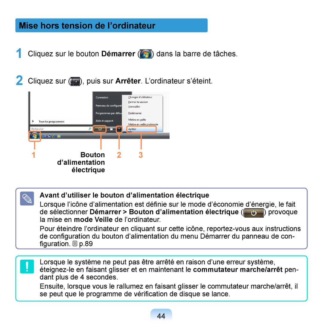 Samsung NP-Q1-M000/SEF, NP-Q1-V000/SEF, NP-Q1-V004/SEI manual Mise hors tension de l’ordinateur, Bouton ’alimentation 