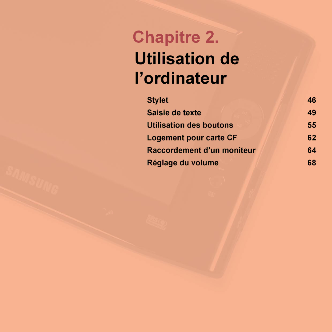 Samsung NP-Q1-V000/SEF, NP-Q1-V004/SEI, NP-Q1-M000/SEF manual Chapitre 2. Utilisation de l’ordinateur 