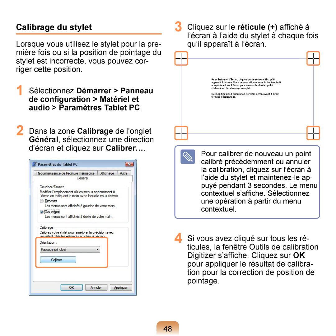 Samsung NP-Q1-V000/SEF, NP-Q1-V004/SEI, NP-Q1-M000/SEF manual Calibrage du stylet 