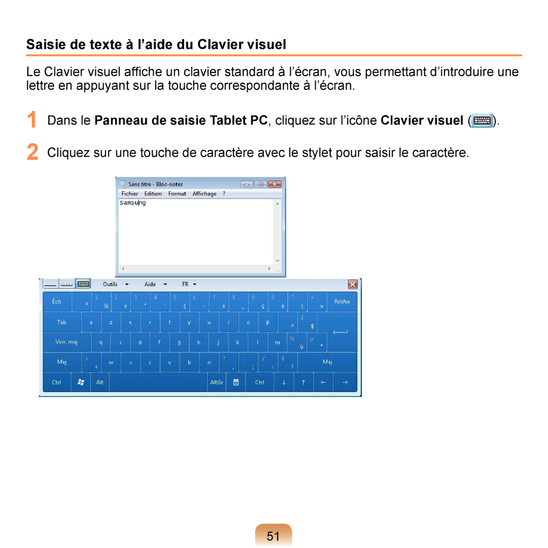 Samsung NP-Q1-V000/SEF, NP-Q1-V004/SEI, NP-Q1-M000/SEF manual Saisie de texte à l’aide du Clavier visuel 