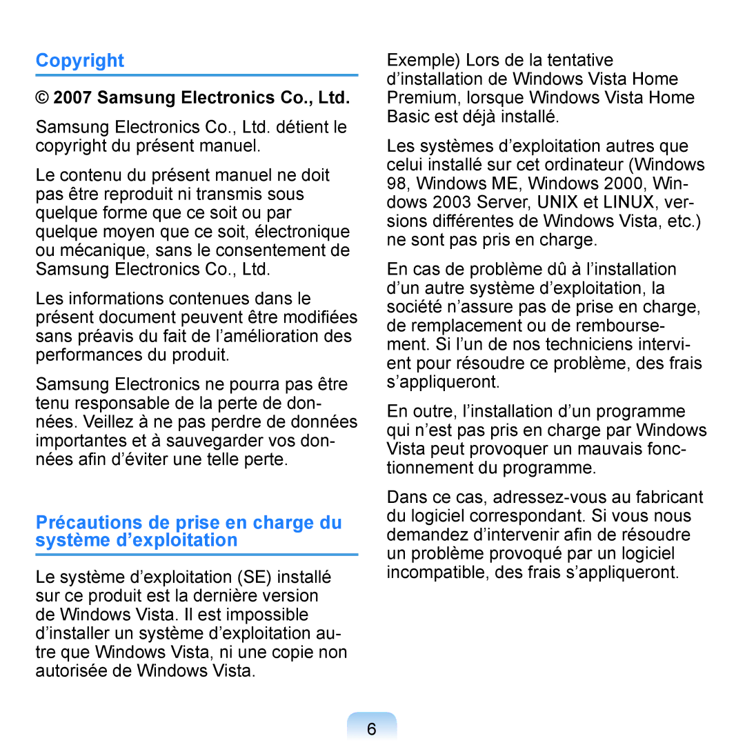 Samsung NP-Q1-V000/SEF, NP-Q1-V004/SEI, NP-Q1-M000/SEF Copyright, Précautions de prise en charge du système d’exploitation 