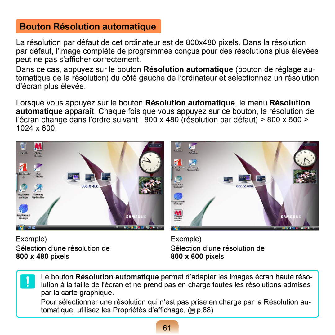 Samsung NP-Q1-V004/SEI, NP-Q1-V000/SEF, NP-Q1-M000/SEF manual Bouton Résolution automatique 