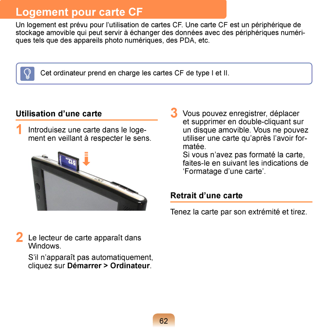 Samsung NP-Q1-M000/SEF, NP-Q1-V000/SEF, NP-Q1-V004/SEI Logement pour carte CF, Utilisation d’une carte, Retrait d’une carte 