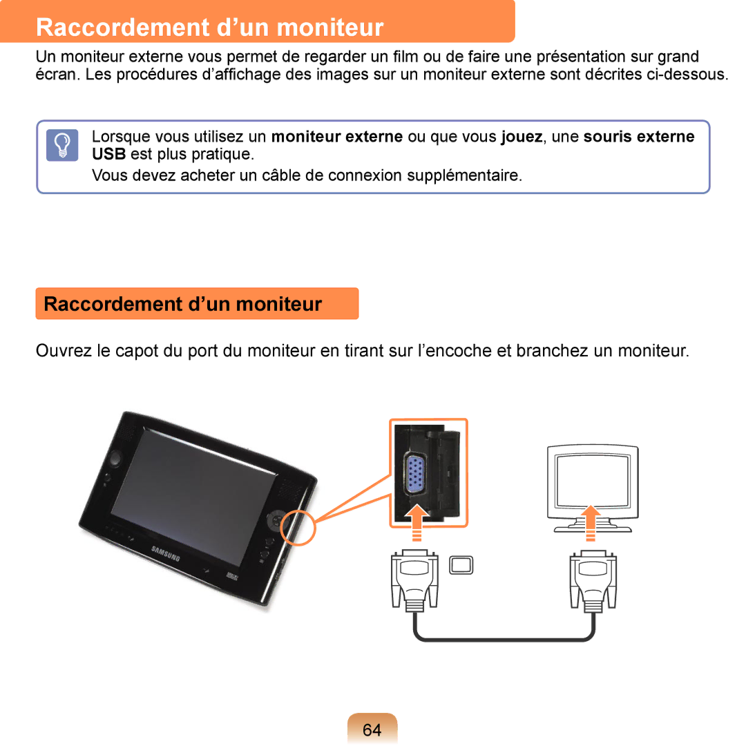 Samsung NP-Q1-V004/SEI, NP-Q1-V000/SEF, NP-Q1-M000/SEF manual Raccordement d’un moniteur 