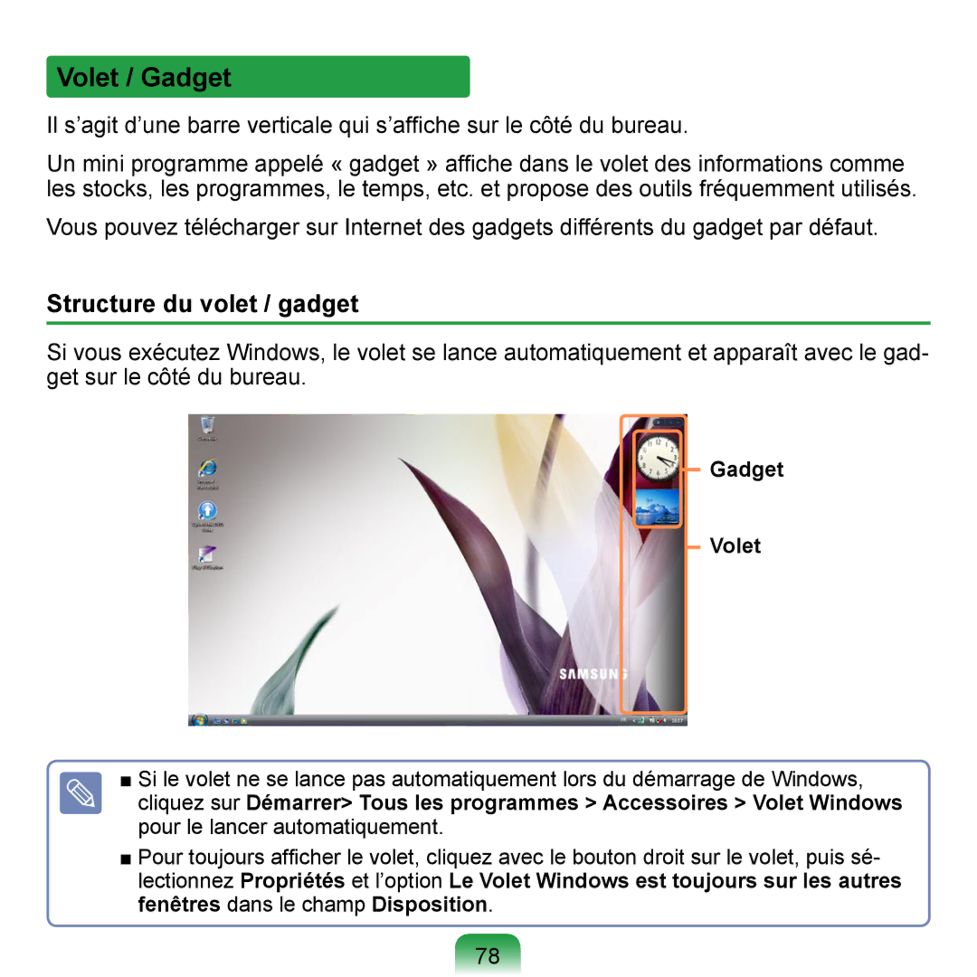 Samsung NP-Q1-V000/SEF, NP-Q1-V004/SEI, NP-Q1-M000/SEF manual Volet / Gadget, Structure du volet / gadget, Gadget Volet 