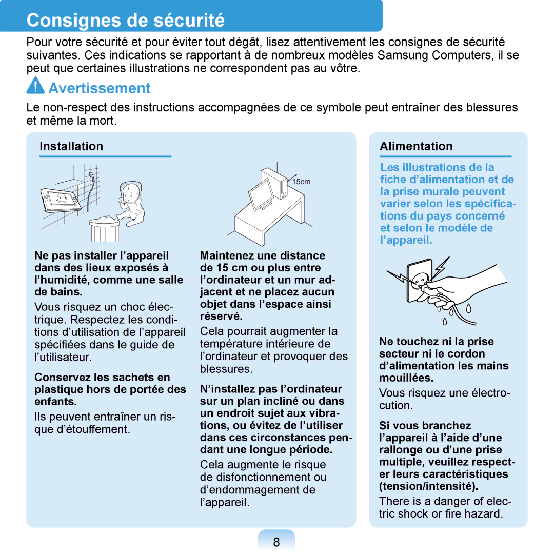 Samsung NP-Q1-M000/SEF, NP-Q1-V000/SEF, NP-Q1-V004/SEI manual Consignes de sécurité, Installation Alimentation 