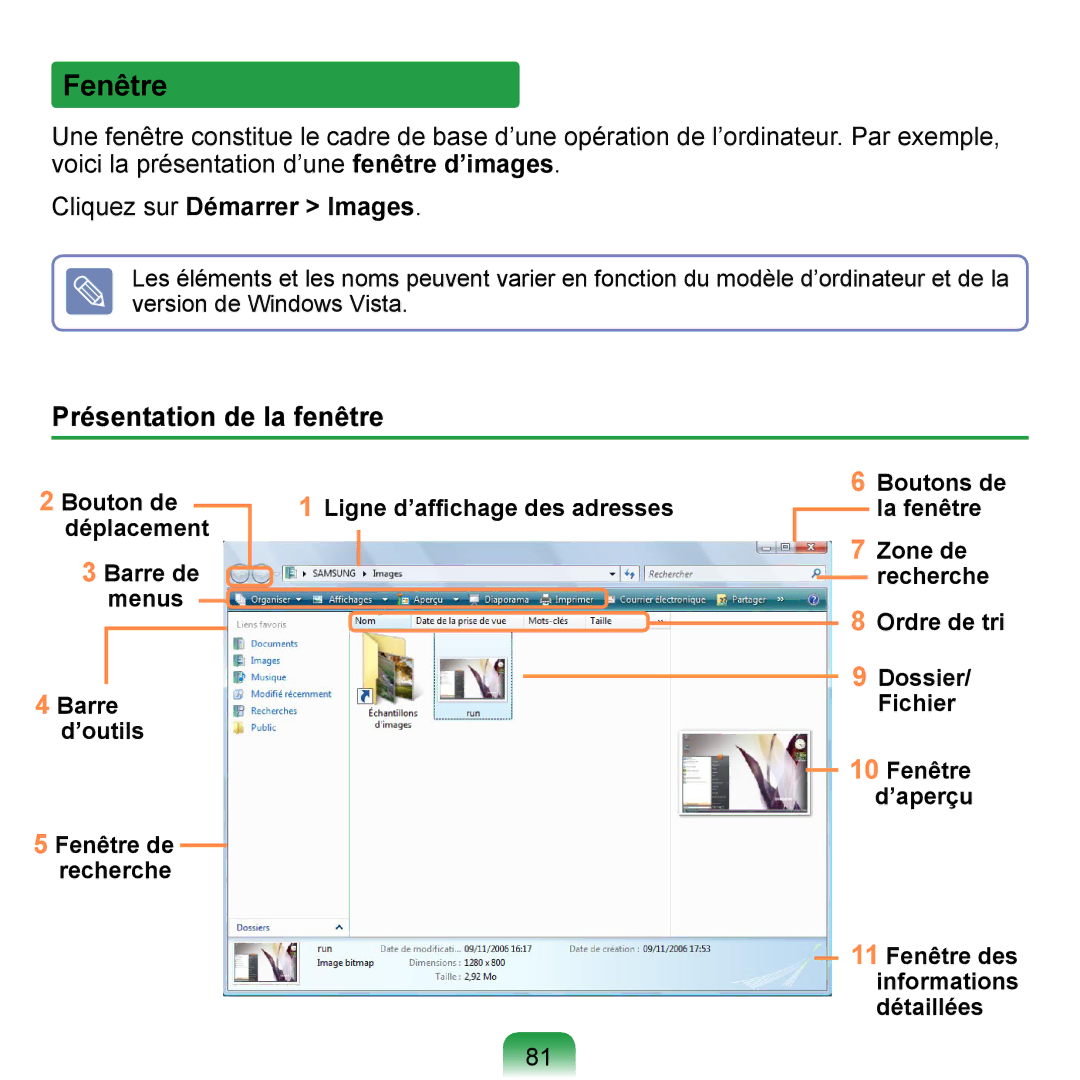 Samsung NP-Q1-V000/SEF, NP-Q1-V004/SEI, NP-Q1-M000/SEF Fenêtre, Présentation de la fenêtre, Cliquez sur Démarrer Images 