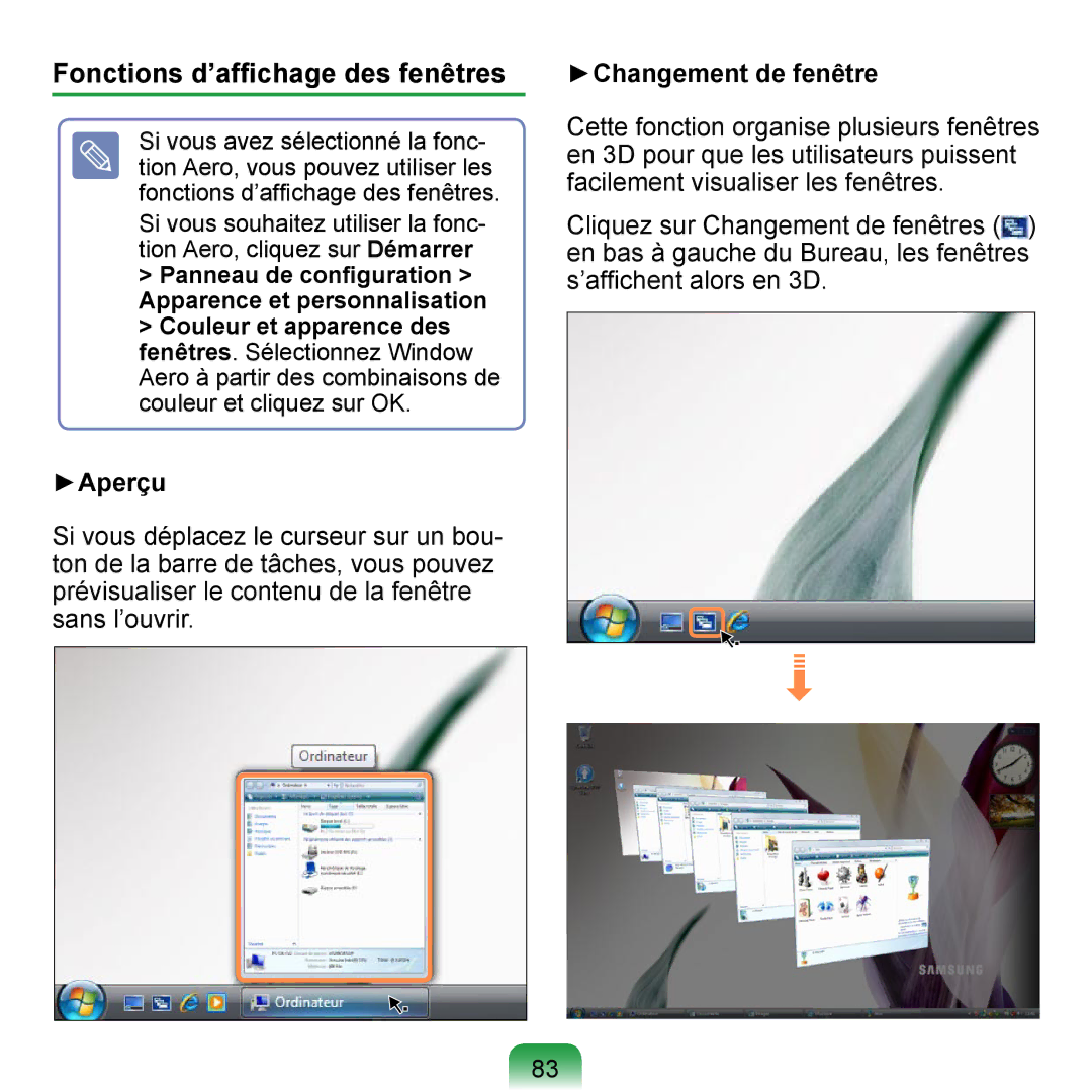 Samsung NP-Q1-M000/SEF, NP-Q1-V000/SEF, NP-Q1-V004/SEI Fonctions d’afﬁchage des fenêtres, Aperçu, Changement de fenêtre 