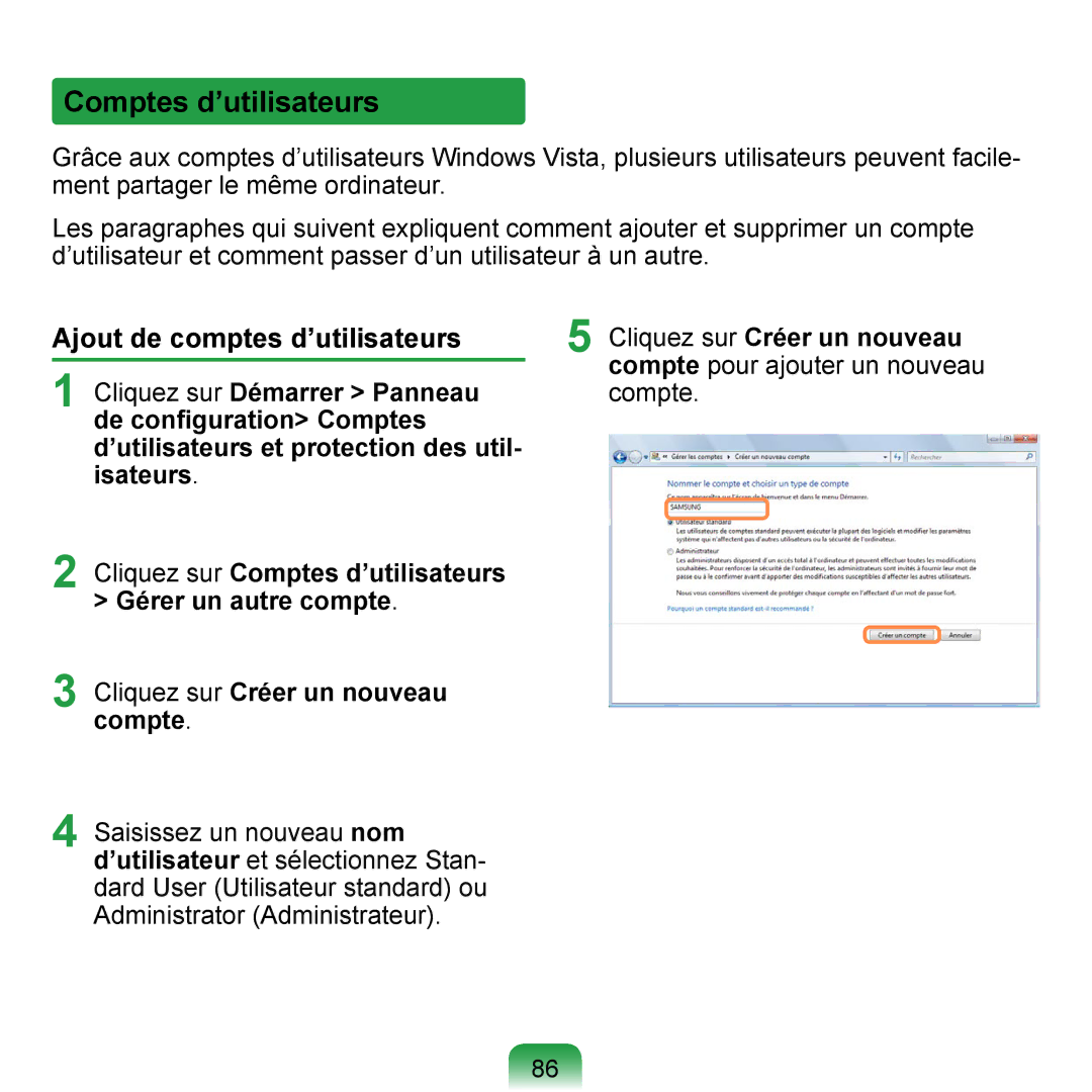 Samsung NP-Q1-M000/SEF manual Comptes d’utilisateurs, Ajout de comptes d’utilisateurs, Cliquez sur Créer un nouveau compte 