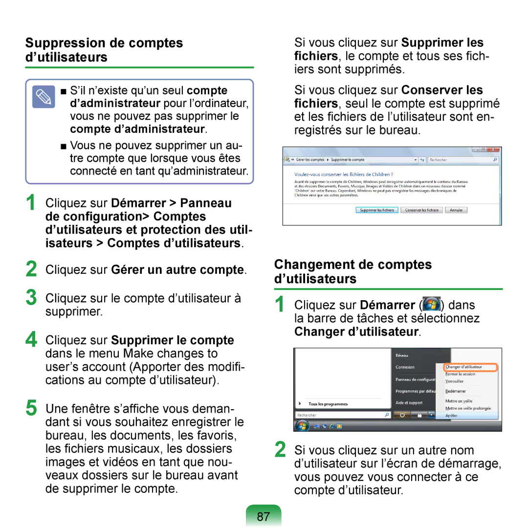 Samsung NP-Q1-V000/SEF, NP-Q1-V004/SEI manual Suppression de comptes d’utilisateurs, Changement de comptes d’utilisateurs 