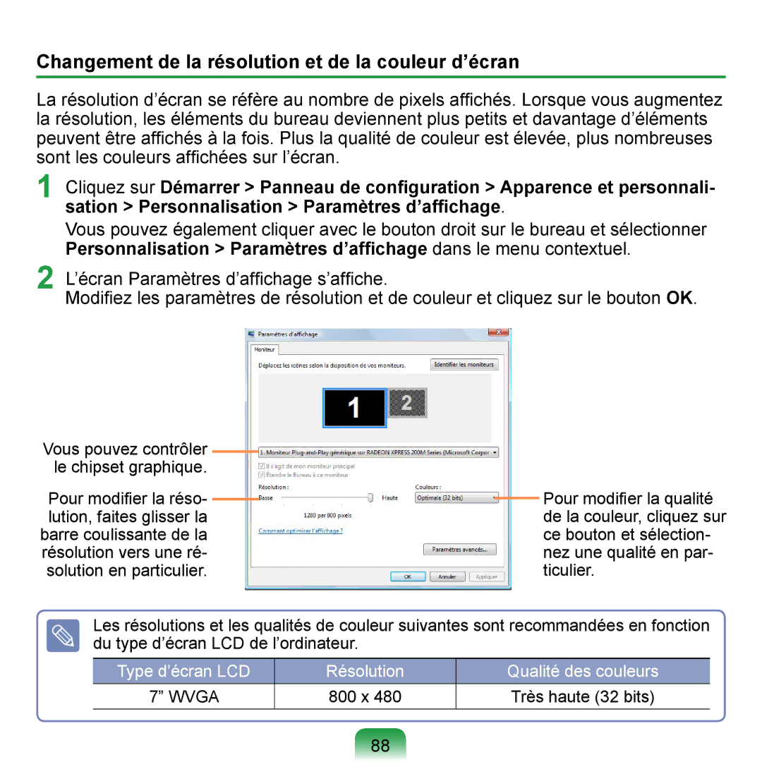 Samsung NP-Q1-V004/SEI, NP-Q1-V000/SEF, NP-Q1-M000/SEF manual Changement de la résolution et de la couleur d’écran 