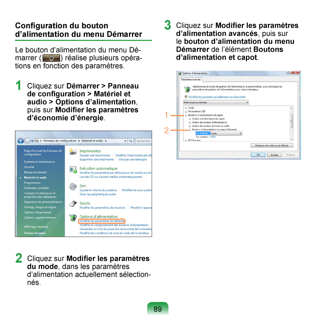 Samsung NP-Q1-M000/SEF, NP-Q1-V000/SEF, NP-Q1-V004/SEI manual Conﬁguration du bouton d’alimentation du menu Démarrer 