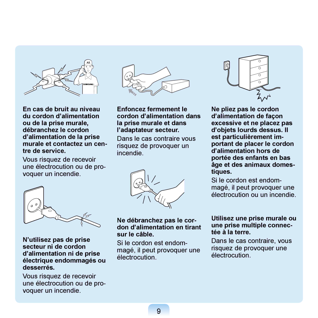 Samsung NP-Q1-V000/SEF, NP-Q1-V004/SEI, NP-Q1-M000/SEF manual Dans le cas contraire vous risquez de provoquer un incendie 