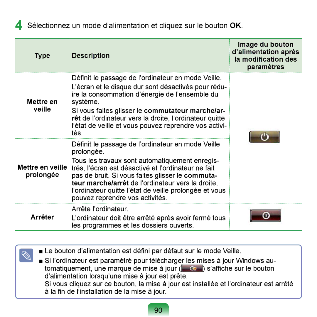 Samsung NP-Q1-V000/SEF, NP-Q1-V004/SEI, NP-Q1-M000/SEF Image du bouton, Veille, Mettre en veille, Prolongée, Arrêter 