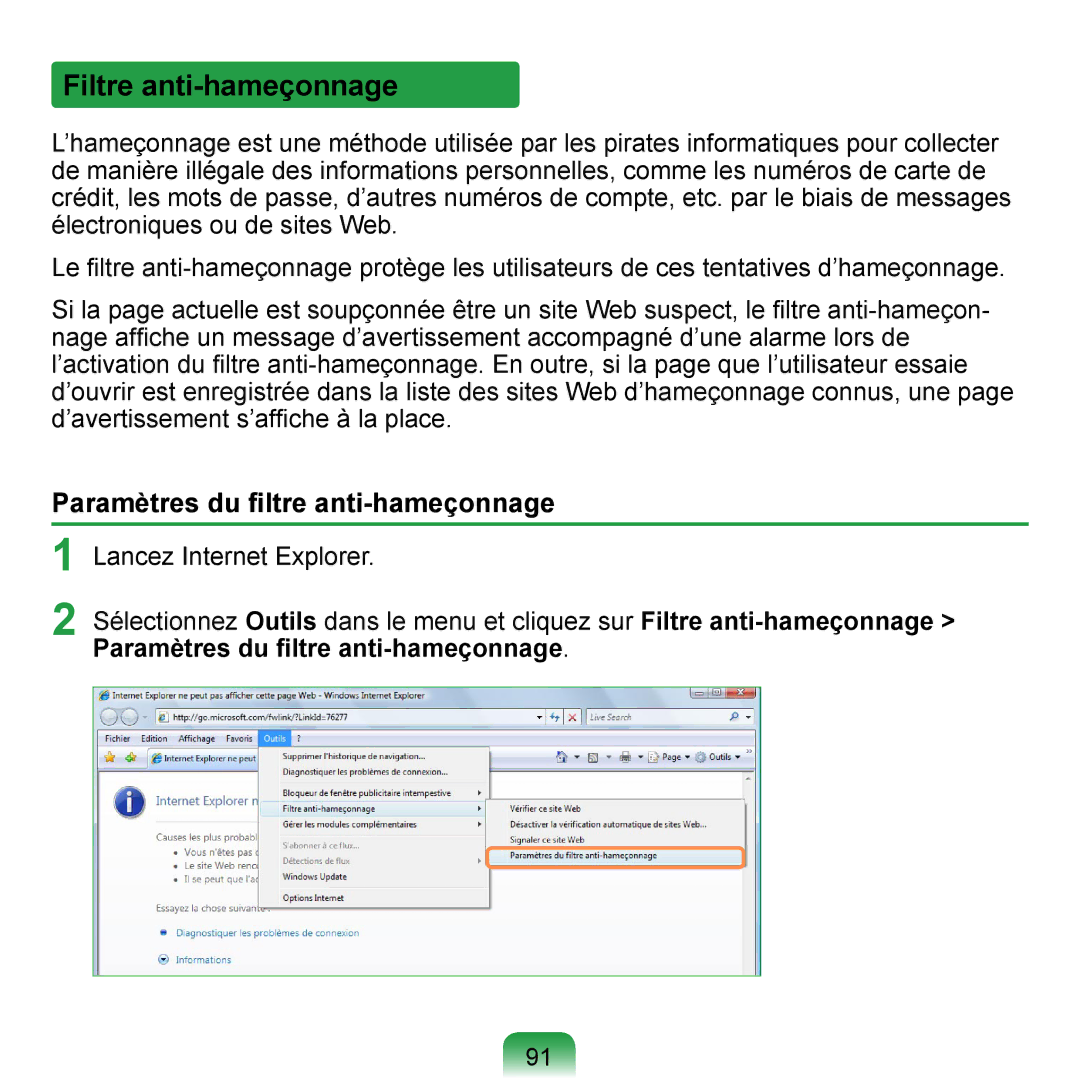 Samsung NP-Q1-V004/SEI, NP-Q1-V000/SEF, NP-Q1-M000/SEF manual Filtre anti-hameçonnage, Paramètres du ﬁltre anti-hameçonnage 