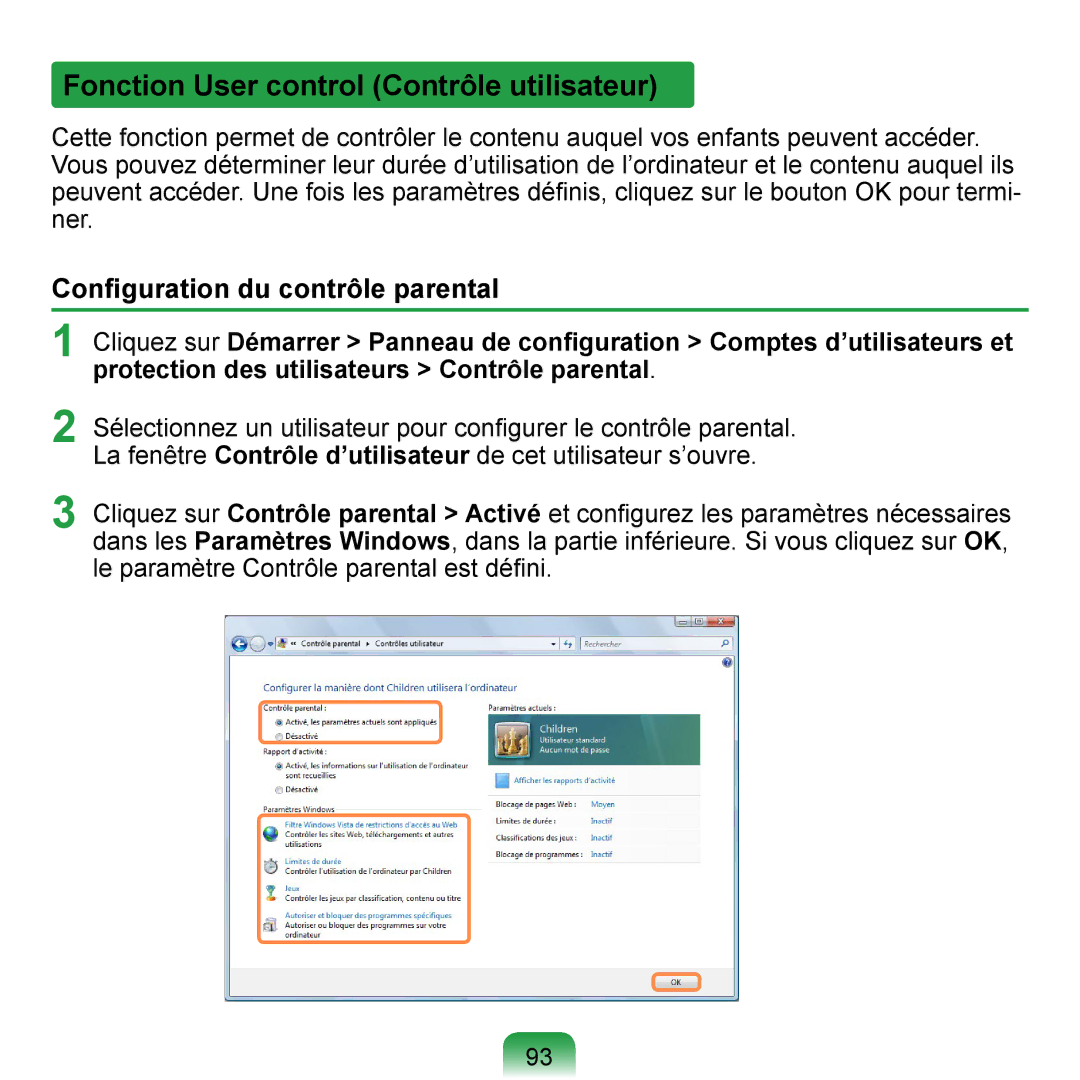 Samsung NP-Q1-V000/SEF, NP-Q1-V004/SEI manual Fonction User control Contrôle utilisateur, Conﬁguration du contrôle parental 