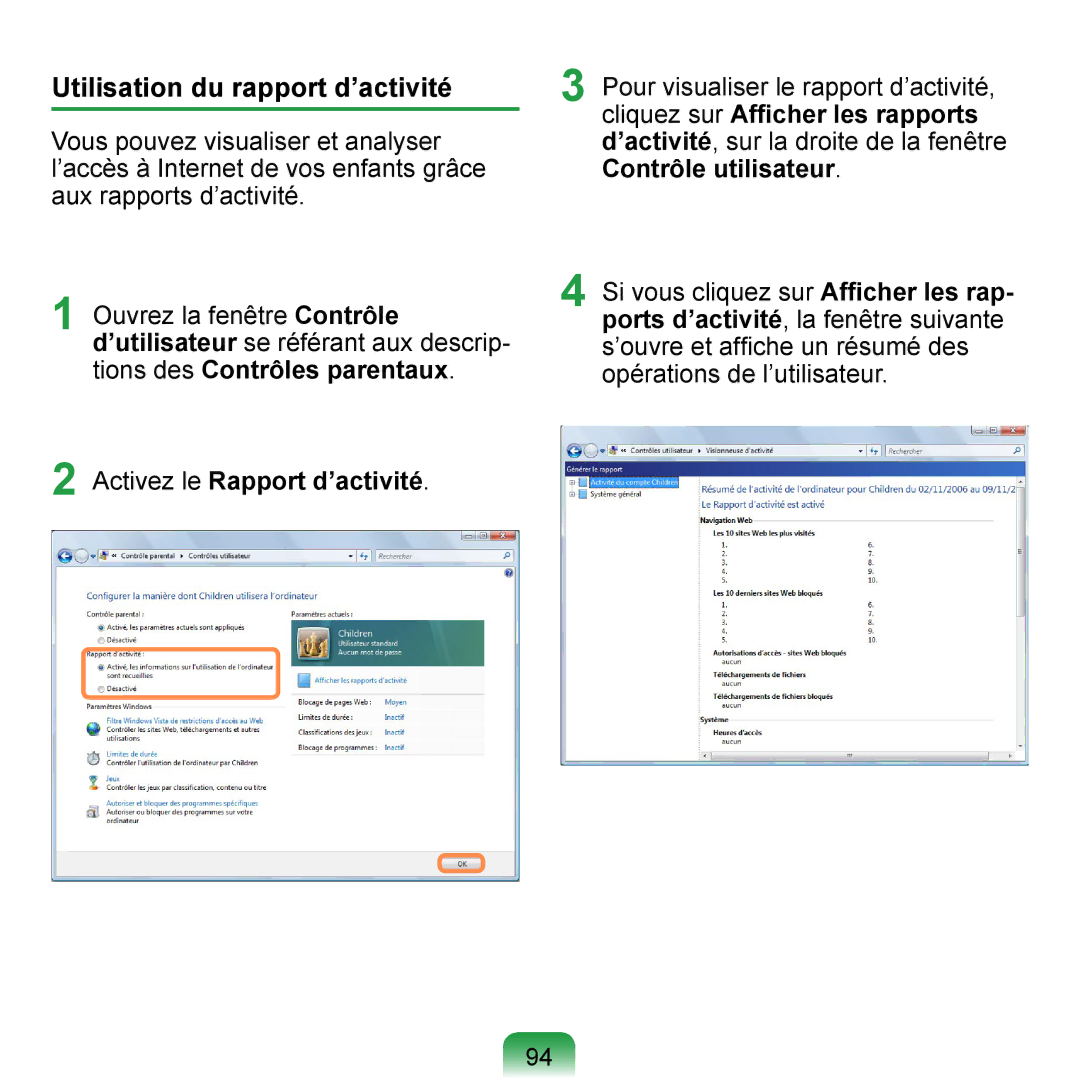 Samsung NP-Q1-V004/SEI, NP-Q1-V000/SEF, NP-Q1-M000/SEF Utilisation du rapport d’activité, Activez le Rapport d’activité 