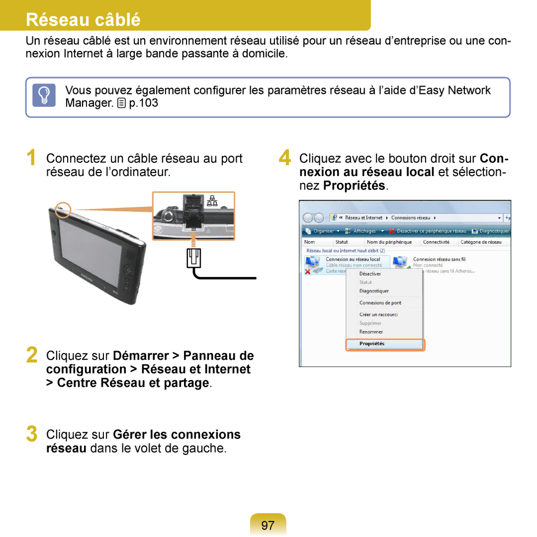 Samsung NP-Q1-V004/SEI, NP-Q1-V000/SEF manual Réseau câblé, Connectez un câble réseau au port réseau de l’ordinateur 