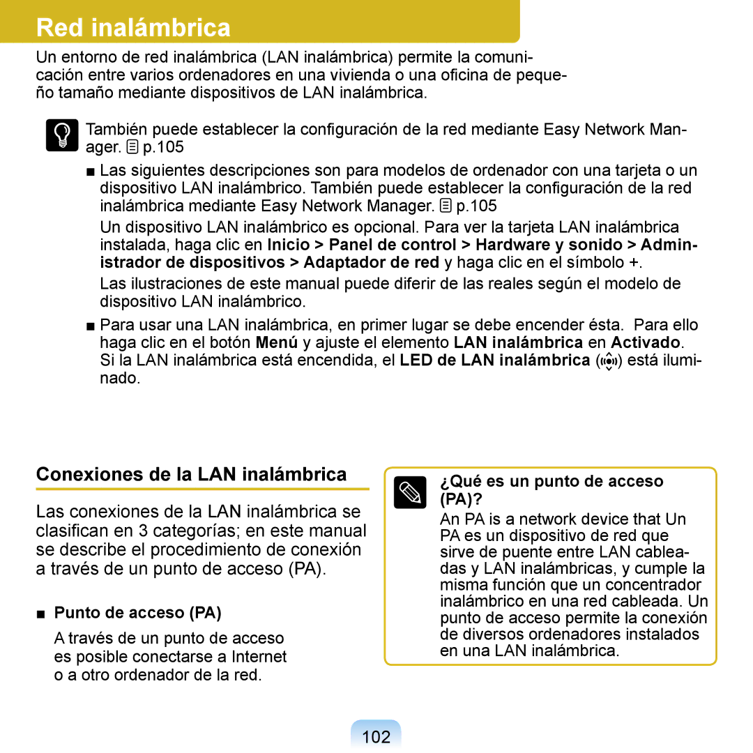 Samsung NP-Q1-V005/SEI, NP-Q1-V000/SES manual Red inalámbrica, Conexiones de la LAN inalámbrica, 102, Punto de acceso PA 