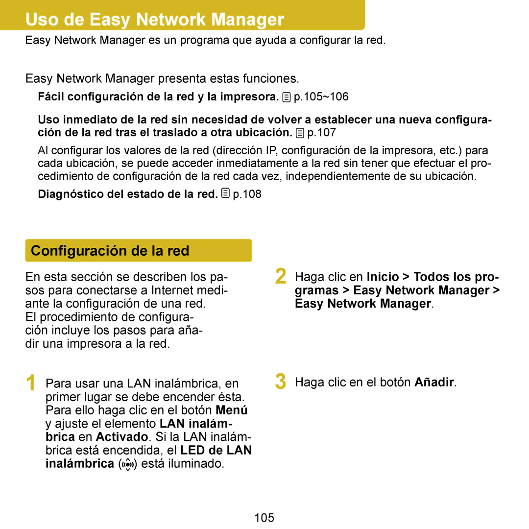 Samsung NP-Q1-V005/SEI Uso de Easy Network Manager, Conﬁguración de la red, Easy Network Manager presenta estas funciones 