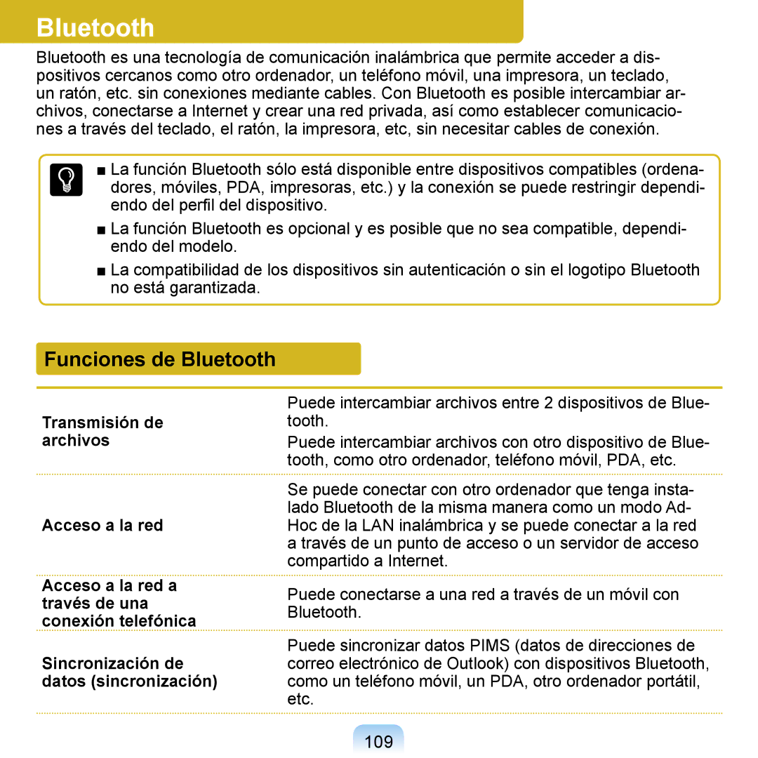 Samsung NP-Q1-V000/SES, NP-Q1-V005/SEI, NP-Q1-M000/SES manual Funciones de Bluetooth, 109 