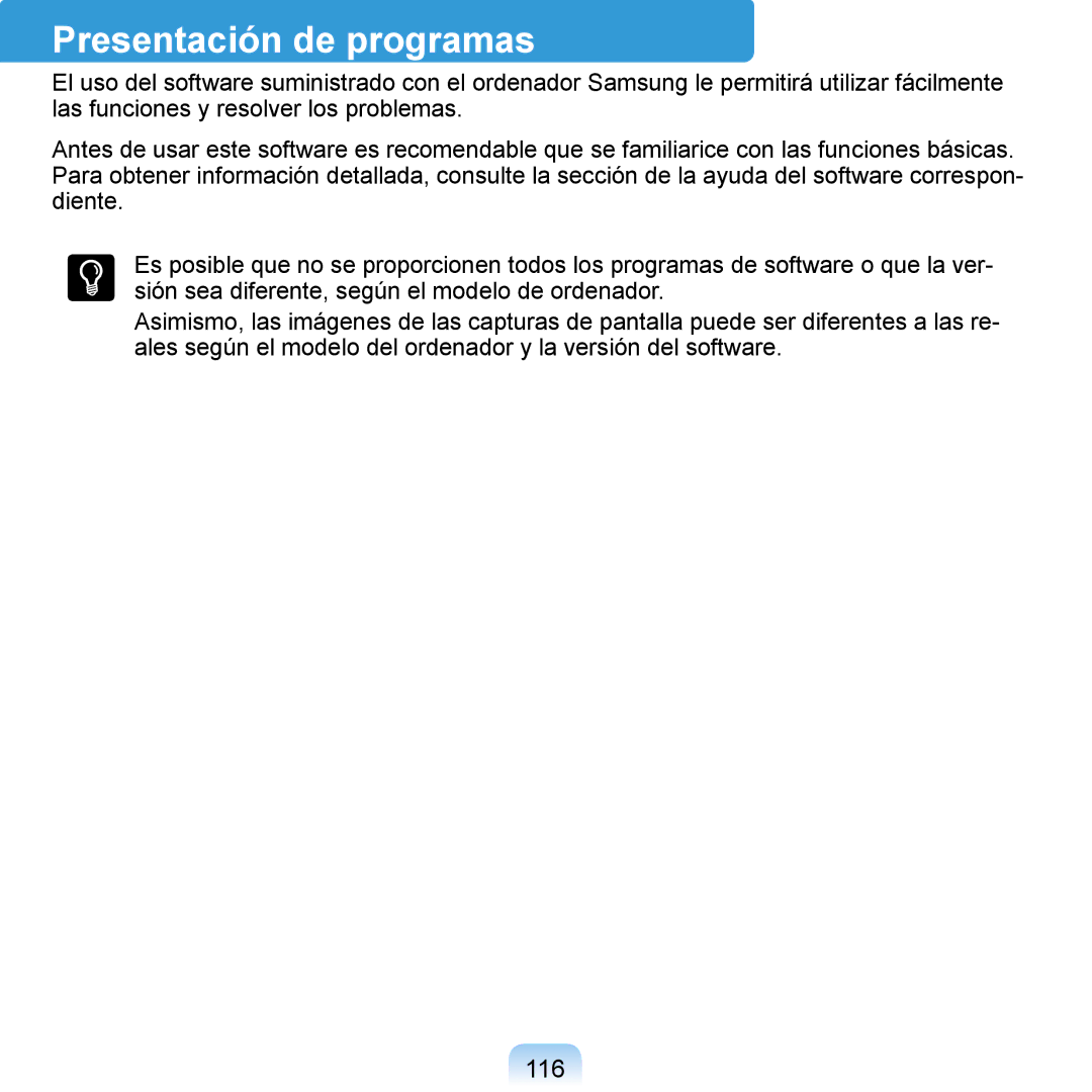 Samsung NP-Q1-M000/SES, NP-Q1-V005/SEI, NP-Q1-V000/SES manual Presentación de programas, 116 