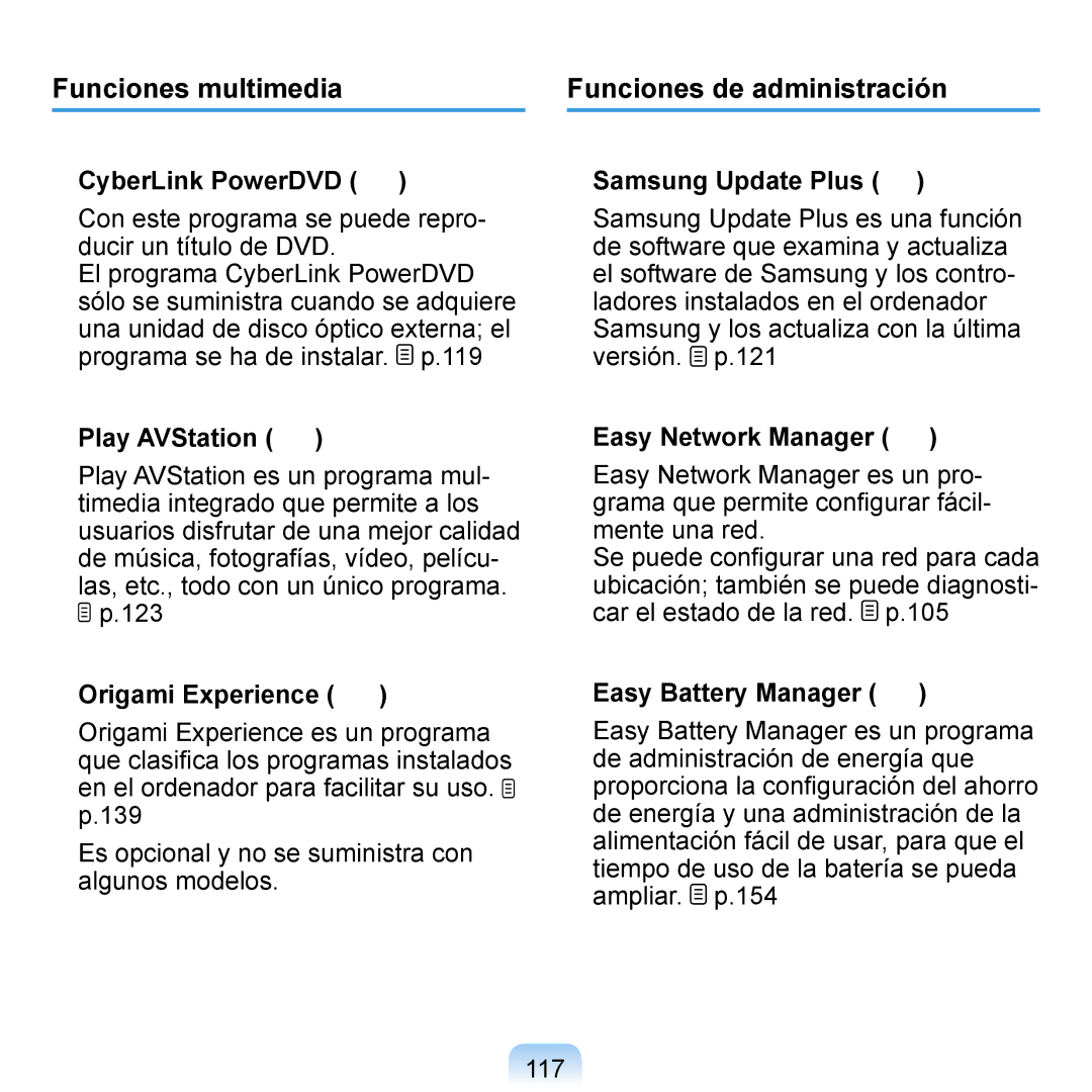 Samsung NP-Q1-V005/SEI Funciones multimedia Funciones de administración,  CyberLink PowerDVD,  Easy Battery Manager 