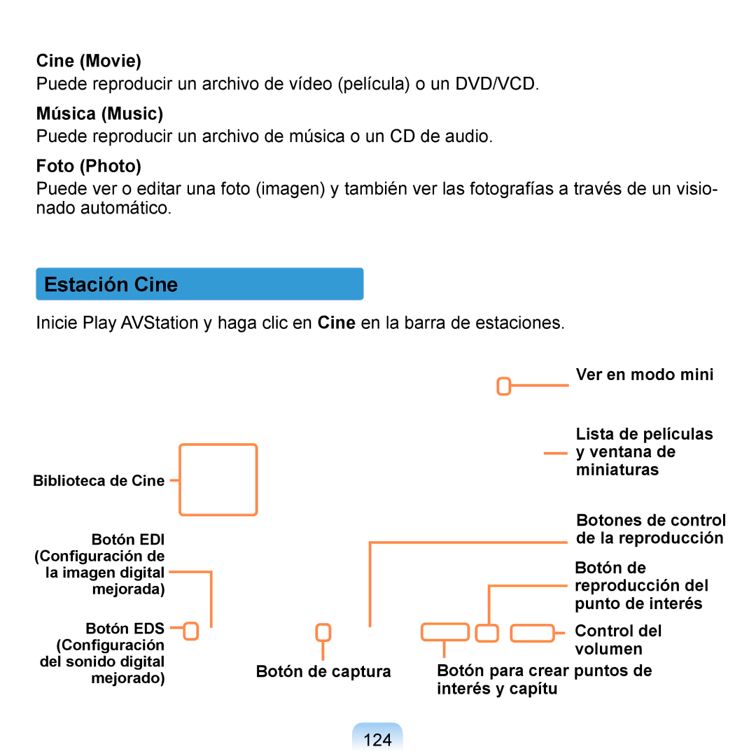 Samsung NP-Q1-V000/SES, NP-Q1-V005/SEI, NP-Q1-M000/SES manual Estación Cine, Cine Movie, Música Music, Foto Photo 